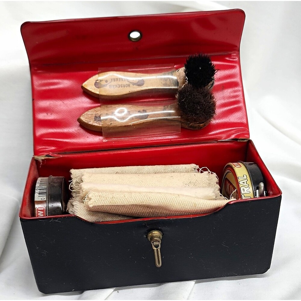 KIWI Vintage Shoe Shine Kit Black Case Red Interior w/ Brushes & Polish Tins